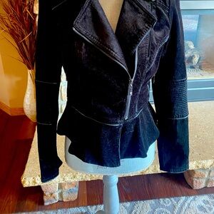 WHBM Black Velvet Lined Blazer Jacket Sz 4 with Stitching Accents Flared Bottom